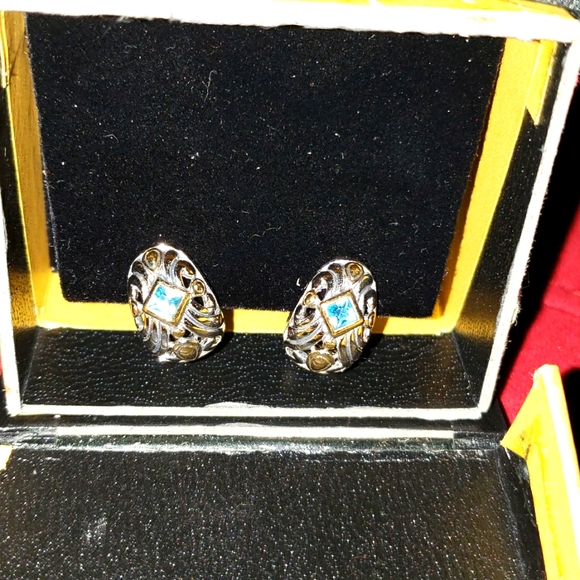 Earrings Silver/gold tone with blue stone - Picture 1 of 3